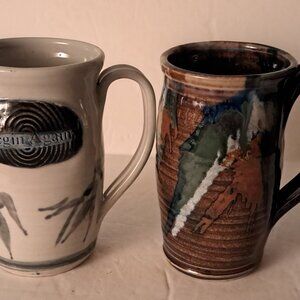 Handmade Artisan Pottery Coffee Mugs Signed Biyu Ajin 5.75"